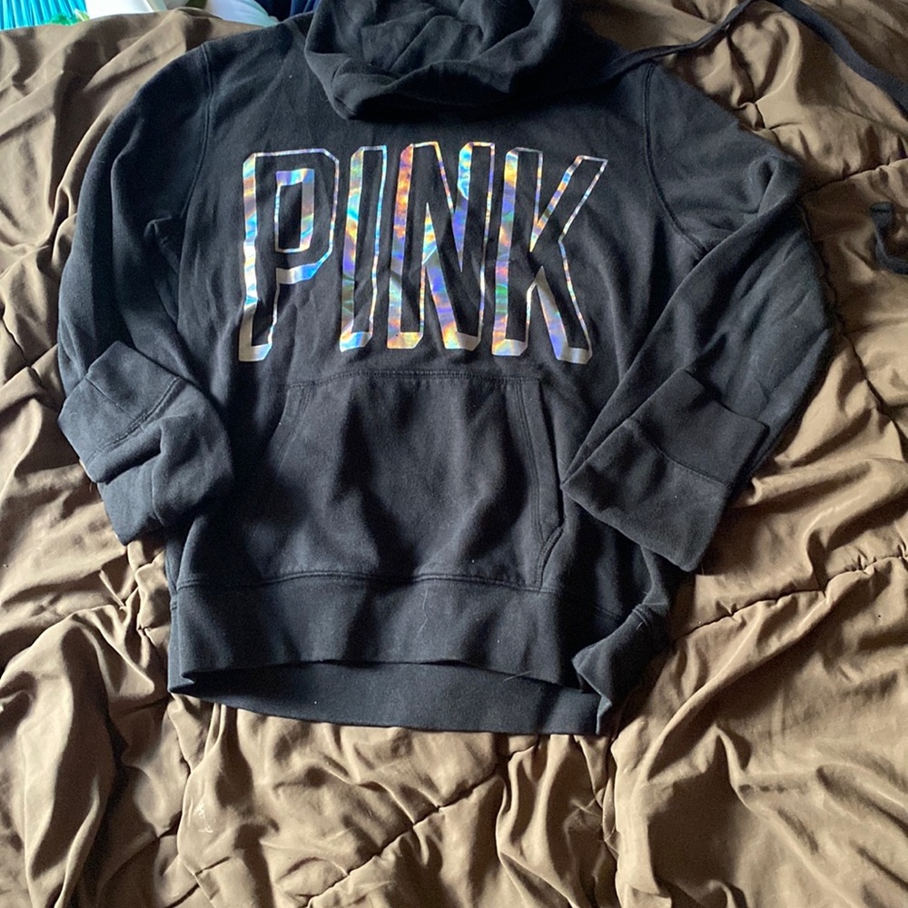 Womens Black Hoodie With Holographic Text — PINK